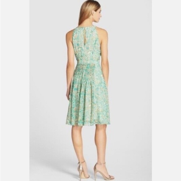 Adrianna Papell Dress Floral Leaf Chiffon Pleated Fit & Flare Midi Feminine - Picture 2 of 16